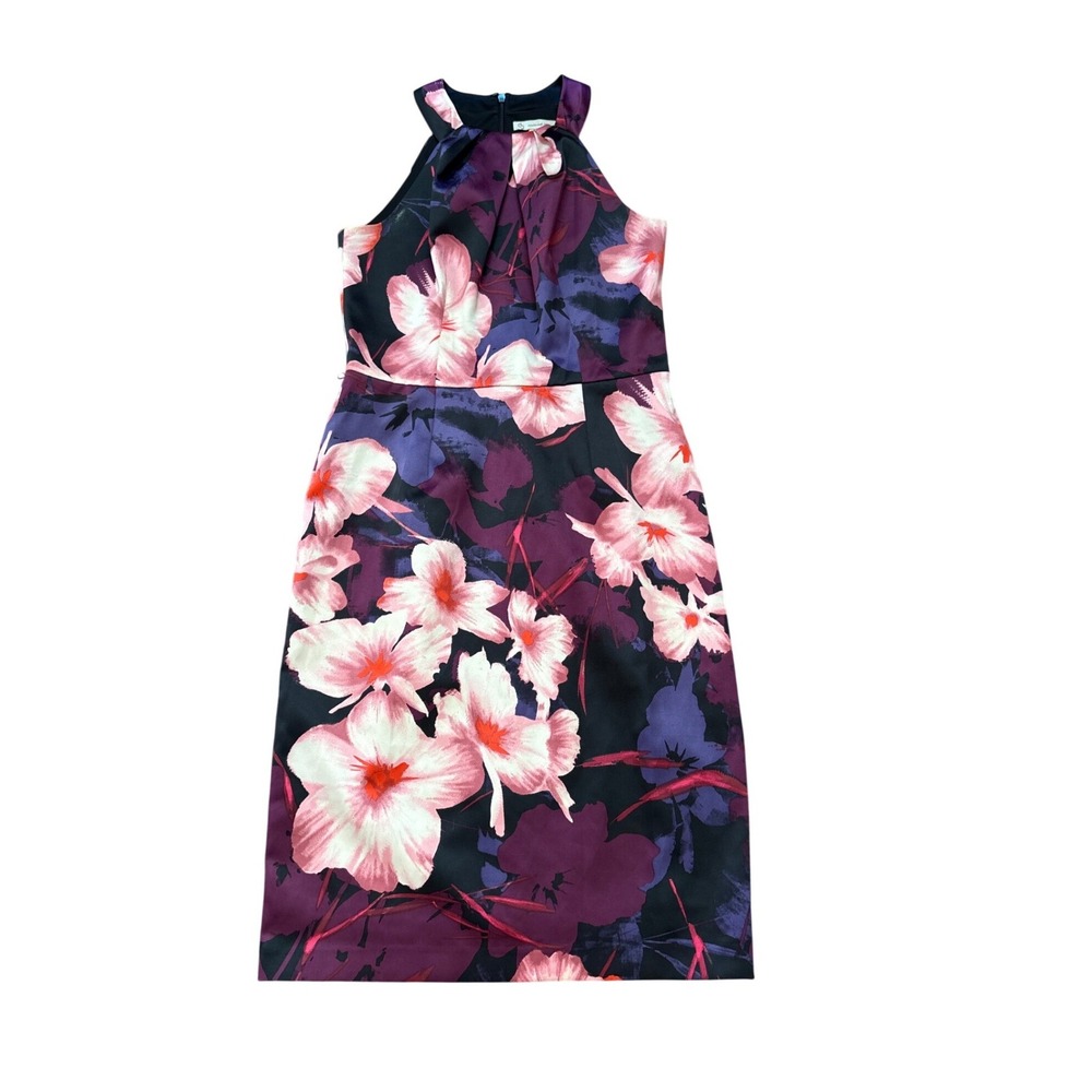 Dressbarn Floral Sheath Dress Women Purple Pink Halter Neck Pleated SIZE 4